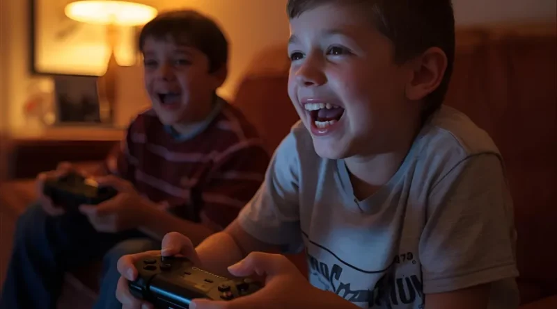 Duas crianças rindo e jogando videogame com controles, representando os games mais marcantes do PS2 e a nostalgia.