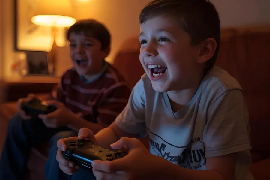 Duas crianças rindo e jogando videogame com controles, representando os games mais marcantes do PS2 e a nostalgia.
