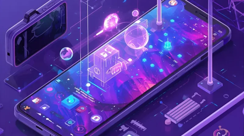 Smartphone com jogo e interface futurista, representando os 5 games mais marcantes e populares do Android.