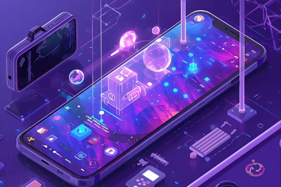 Smartphone com jogo e interface futurista, representando os 5 games mais marcantes e populares do Android.