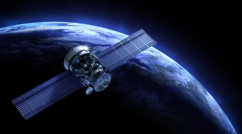 Satélite de internet Starlink com painéis solares em órbita da Terra, representando a banda larga via satélite da SpaceX.