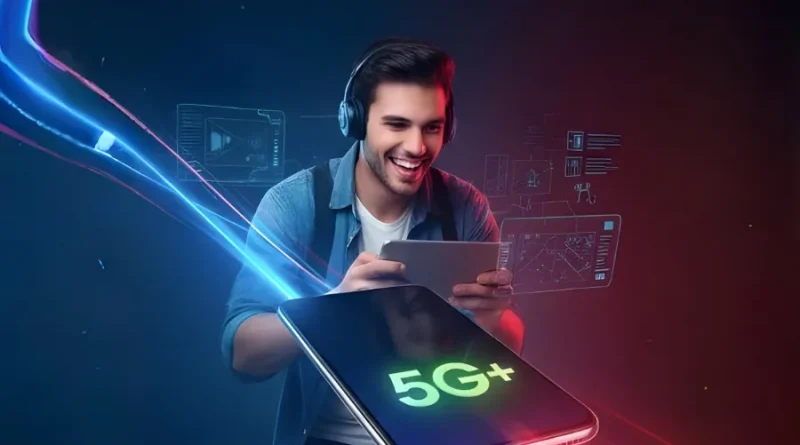 Jovem sorrindo e jogando com tablet e celular 5G, ilustrando se o 5G da Claro vale a pena para gamers e usuários de internet rápida.