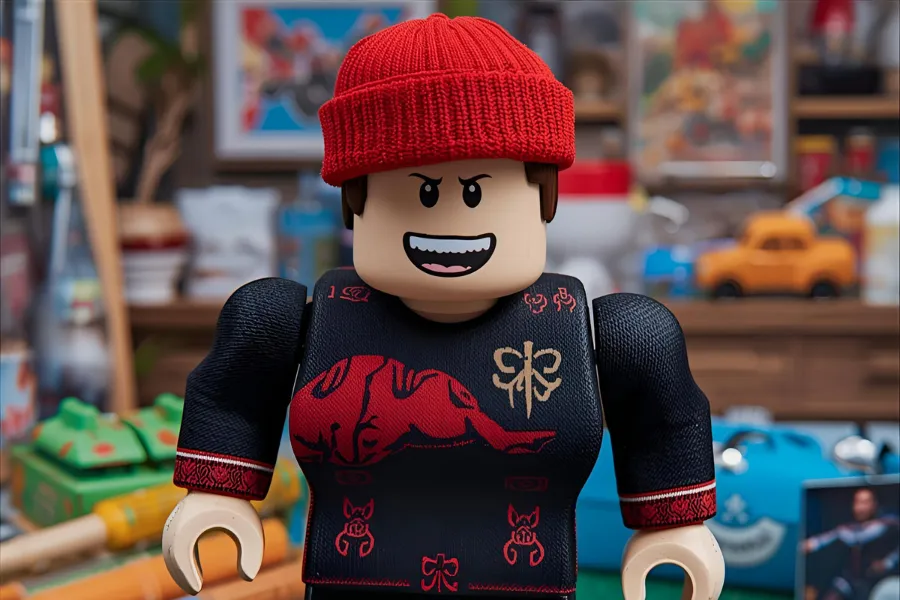 Avatar Roblox usando gorro vermelho e camiseta preta com estampa vermelha de um animal