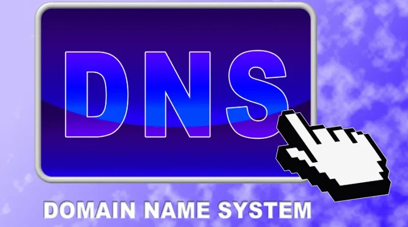 Gráfico com a sigla DNS em destaque, com um cursor de mouse, explicando o que é o Domain Name System de forma simples.