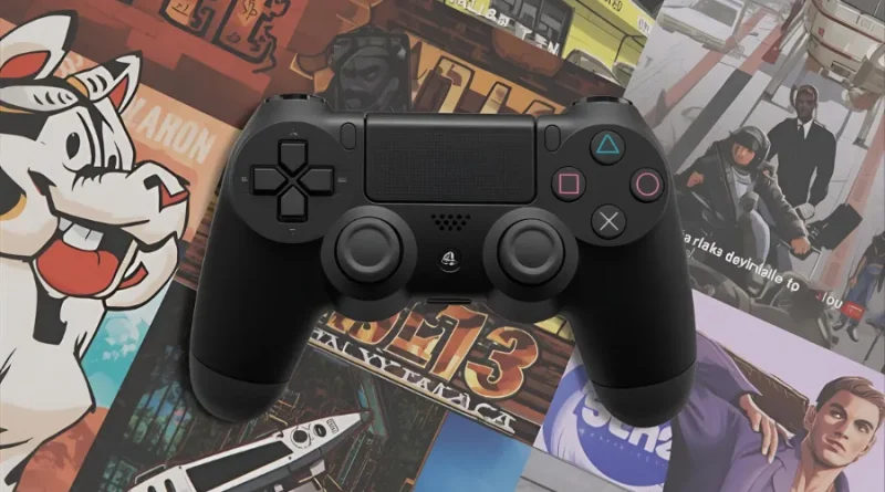 Controle DualShock preto do PlayStation 4 sobre um mosaico de capas de jogos famosos