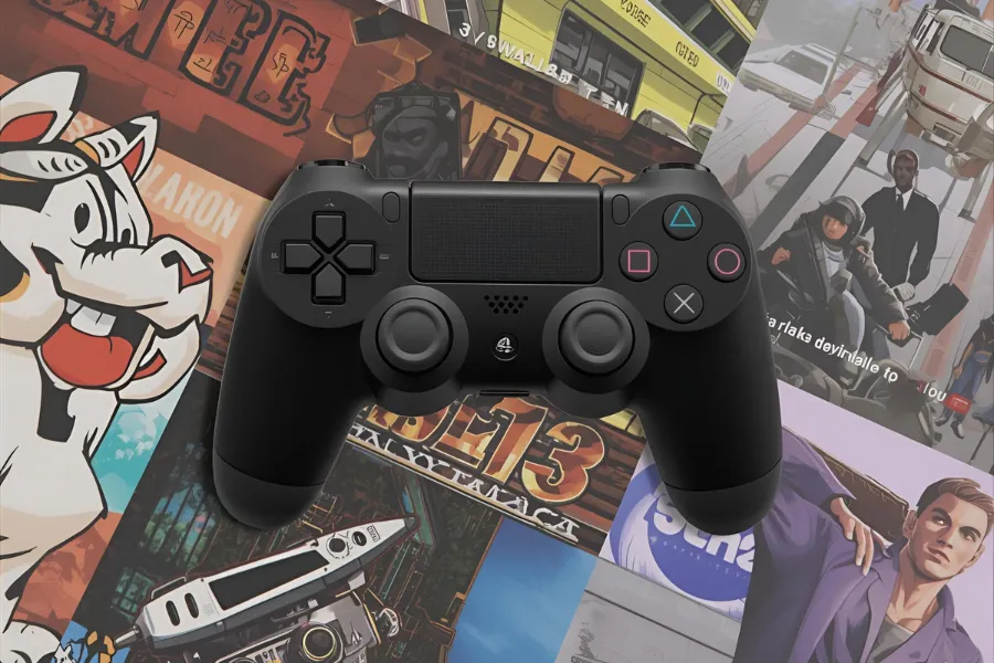 Controle DualShock preto do PlayStation 4 sobre um mosaico de capas de jogos famosos