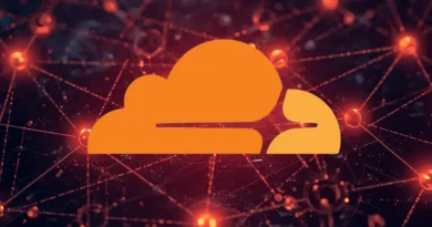 Logo da Cloudflare em laranja sobre fundo com rede de pontos luminosos. Cloudflare para proteção e desempenho web.
