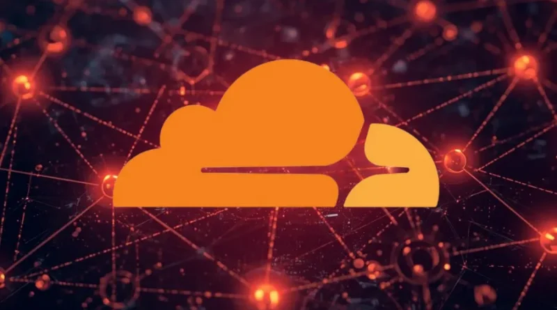 Logo da Cloudflare em laranja sobre fundo com rede de pontos luminosos. Cloudflare para proteção e desempenho web.