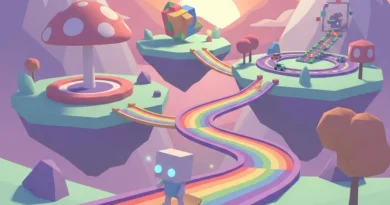 Cenário lúdico com arco-íris e personagem em skate. Ideal para jogos leves de PC fraco.