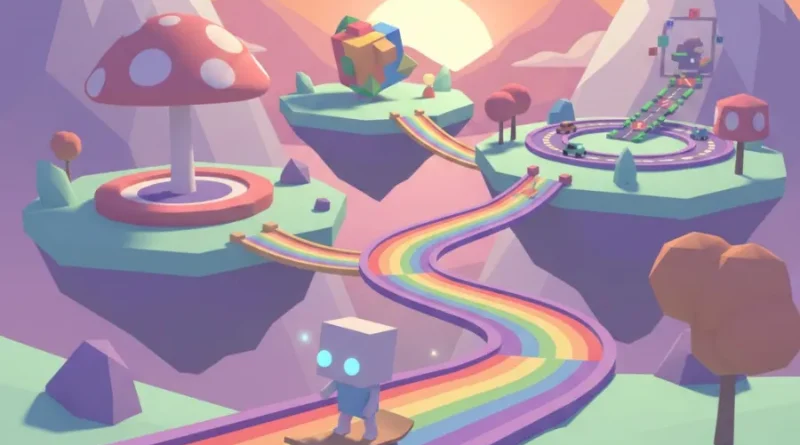 Cenário lúdico com arco-íris e personagem em skate. Ideal para jogos leves de PC fraco.