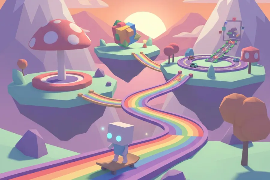 Cenário lúdico com arco-íris e personagem em skate. Ideal para jogos leves de PC fraco.