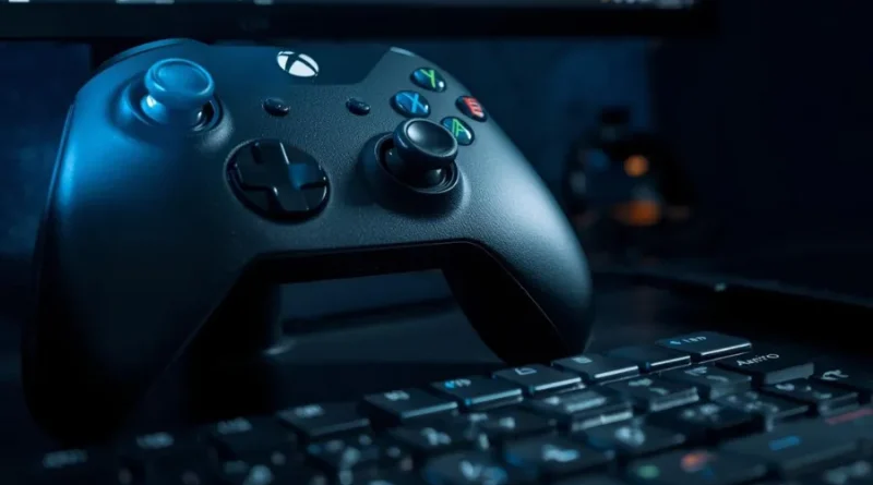 Conecte o controle de Xbox no PC via Bluetooth. Imagem de um controle de Xbox preto sobre um teclado de computador.