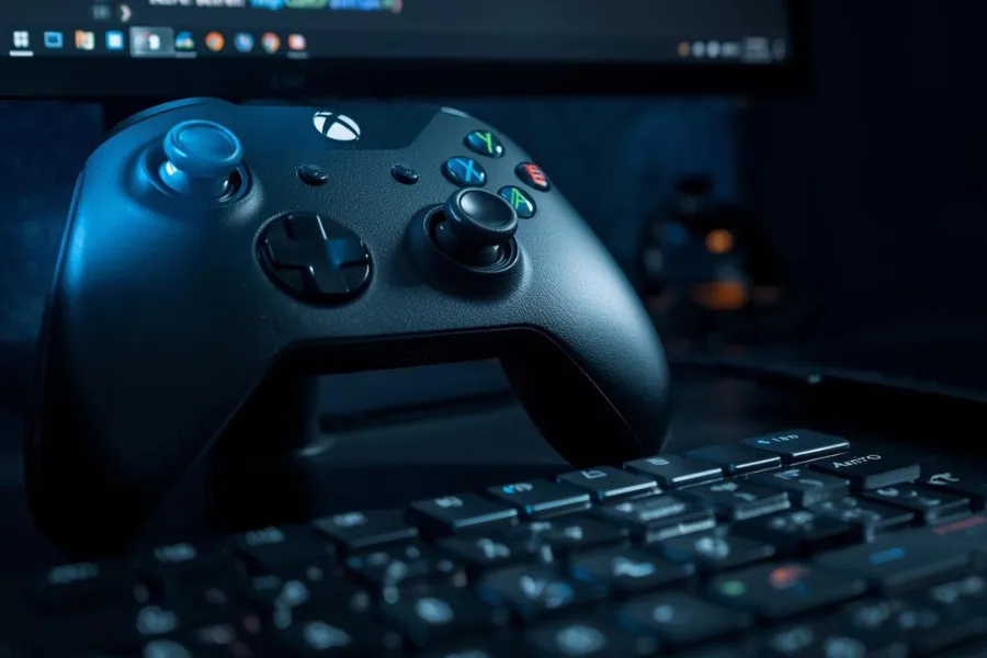 Conecte o controle de Xbox no PC via Bluetooth. Imagem de um controle de Xbox preto sobre um teclado de computador.