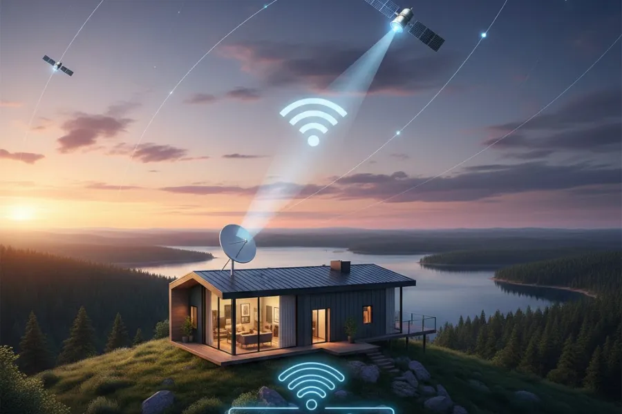 Starlink Residencial: casa com antena e satélites. Conectividade de alta velocidade em áreas rurais. Passo a passo detalhado.
