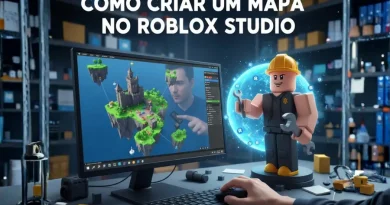 Como criar um mapa no Roblox Studio: guia completo. Tela com design de castelo e personagem Roblox com ferramentas.