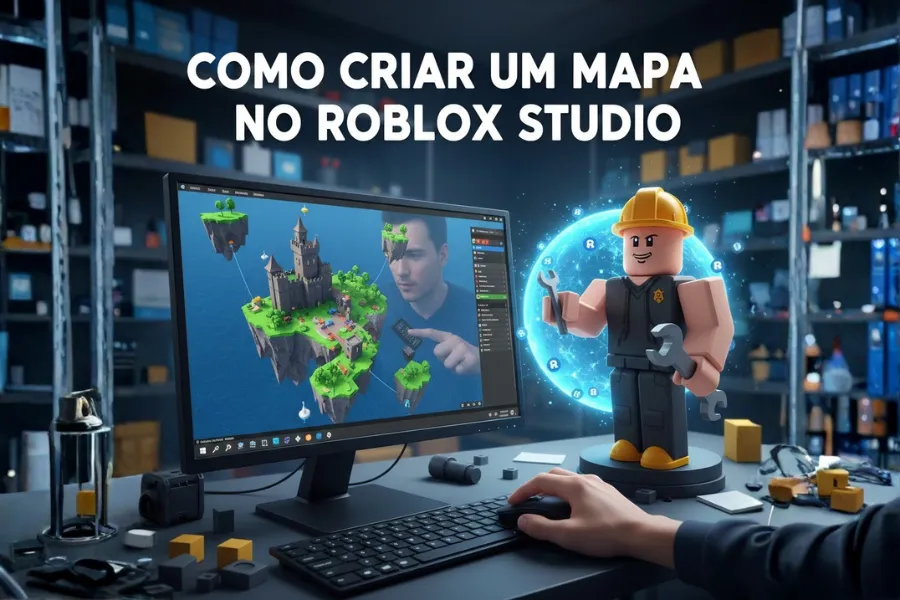 Como criar um mapa no Roblox Studio: guia completo. Tela com design de castelo e personagem Roblox com ferramentas.