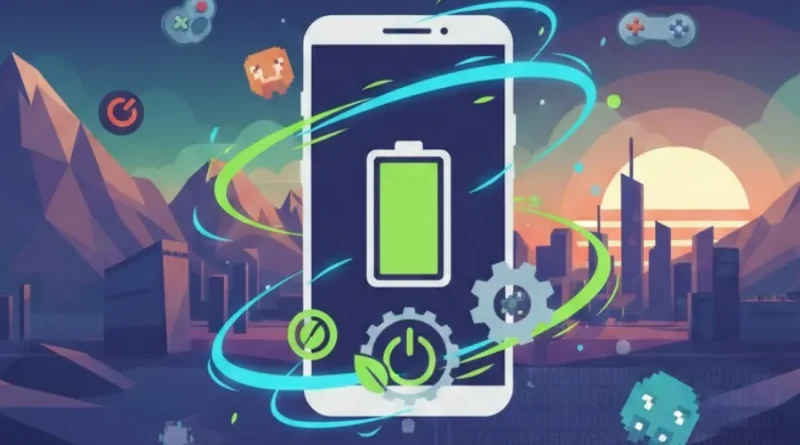 Economize bateria Android jogando! Ilustração de celular com bateria cheia e elementos de jogos.