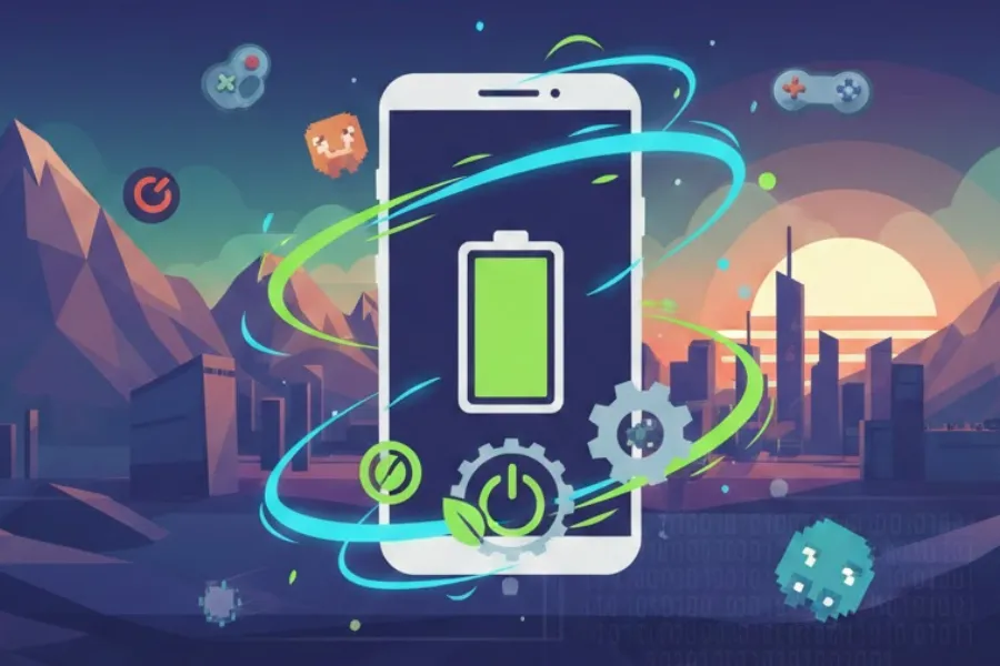 Economize bateria Android jogando! Ilustração de celular com bateria cheia e elementos de jogos.