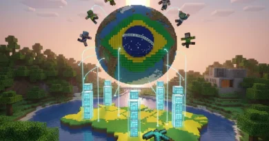 Servidores Brasileiros Minecraft: Mapa do Brasil em Minecraft com personagens e globo terrestre com a bandeira brasileira.