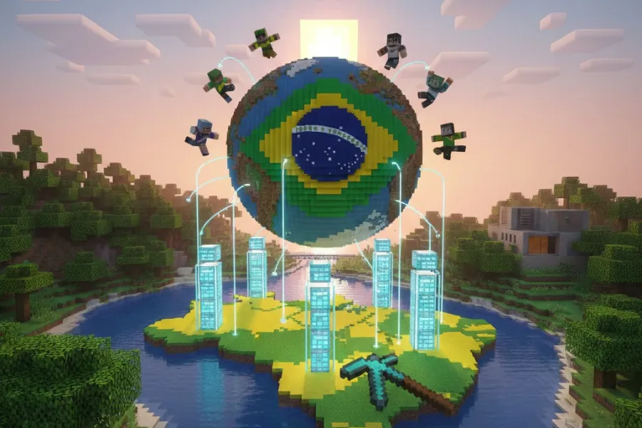 Servidores Brasileiros Minecraft: Mapa do Brasil em Minecraft com personagens e globo terrestre com a bandeira brasileira.