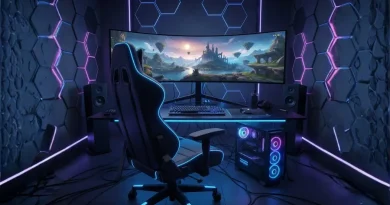 Cadeira gamer ergonômica em setup moderno com PC gamer, monitor ultra-wide e iluminação neon. Guia para escolher a cadeira ideal.