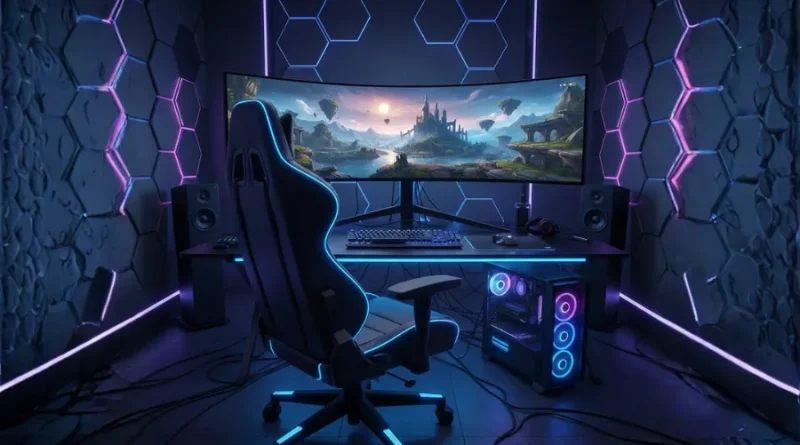 Cadeira gamer ergonômica em setup moderno com PC gamer, monitor ultra-wide e iluminação neon. Guia para escolher a cadeira ideal.