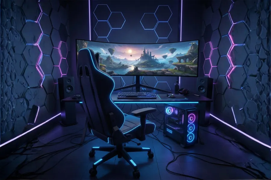 Cadeira gamer ergonômica em setup moderno com PC gamer, monitor ultra-wide e iluminação neon. Guia para escolher a cadeira ideal.