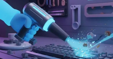 Como limpar teclado mecânico sem estragar: ilustração 3D de limpeza com aspirador e teclas removidas.