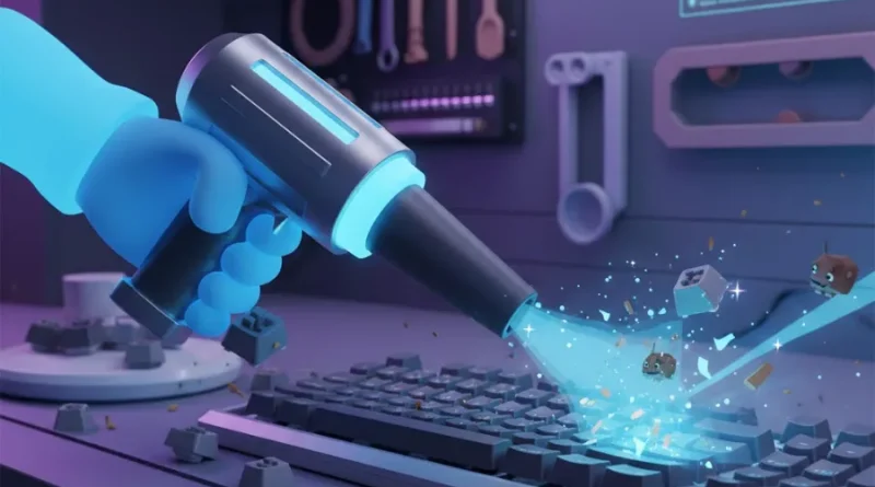 Como limpar teclado mecânico sem estragar: ilustração 3D de limpeza com aspirador e teclas removidas.