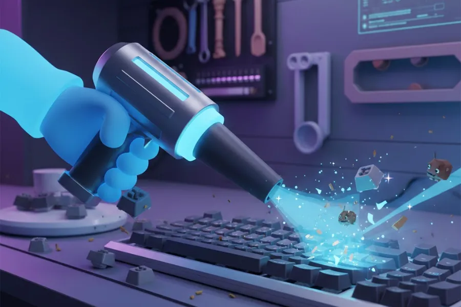 Como limpar teclado mecânico sem estragar: ilustração 3D de limpeza com aspirador e teclas removidas.