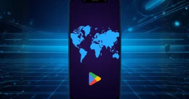 Como mudar região na Play Store: celular com mapa-múndi e ícone Play Store para baixar jogos.