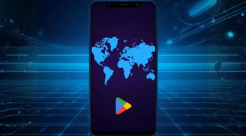 Como mudar região na Play Store: celular com mapa-múndi e ícone Play Store para baixar jogos.