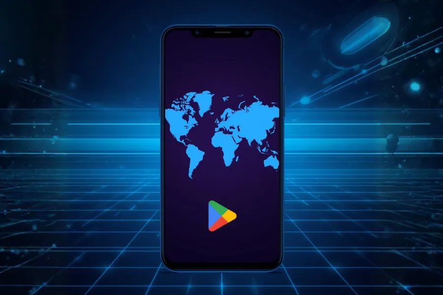 Como mudar região na Play Store: celular com mapa-múndi e ícone Play Store para baixar jogos.