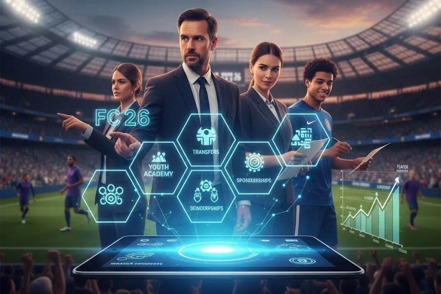 FC 26: Novo modo carreira com gestores e jogador em campo. Destaque para transferências, academia e patrocínios.