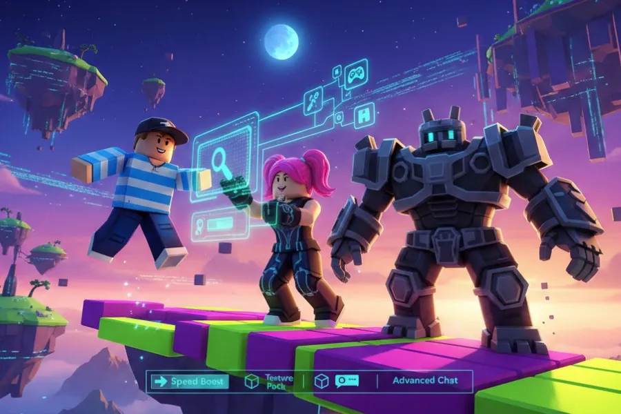 Melhores Extensões Roblox: Personagens Roblox com extensões de Speed Boost e Advanced Chat para melhorar a experiência no jogo.