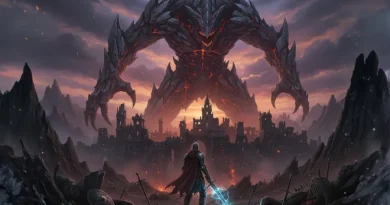 Ilustração de um guerreiro encarando um monstro gigante em um cenário Souls-like desafiador e sombrio.