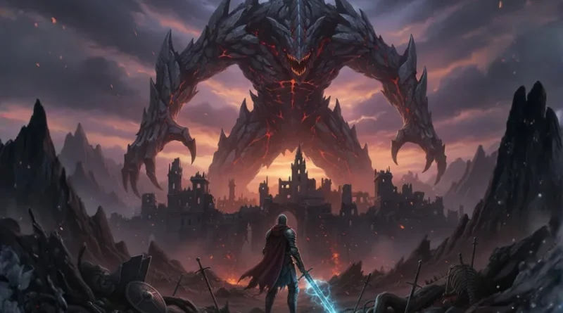 Ilustração de um guerreiro encarando um monstro gigante em um cenário Souls-like desafiador e sombrio.