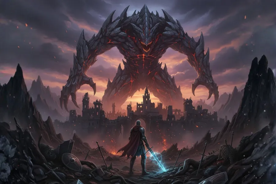 Ilustração de um guerreiro encarando um monstro gigante em um cenário Souls-like desafiador e sombrio.