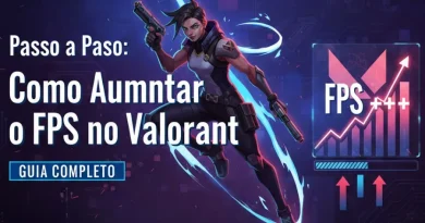Guia passo a passo: Como aumentar o FPS no Valorant. Imagem de personagem atirando e gráfico de otimização de FPS.
