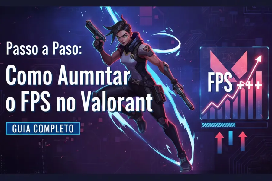Guia passo a passo: Como aumentar o FPS no Valorant. Imagem de personagem atirando e gráfico de otimização de FPS.