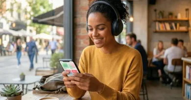 mulher em uma cafeteira ouvindo musica no app spotify