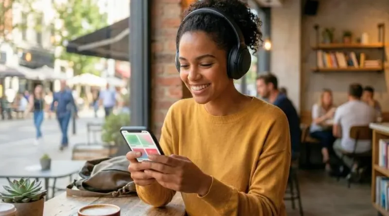 mulher em uma cafeteira ouvindo musica no app spotify