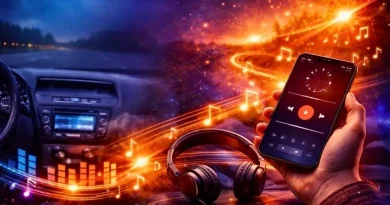 Como ouvir música sem anúncios e sem internet: celular com app de música, fones de ouvido e notas musicais vibrantes.