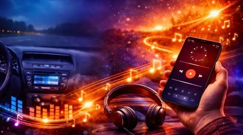 Como ouvir música sem anúncios e sem internet: celular com app de música, fones de ouvido e notas musicais vibrantes.