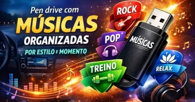 Pen drive com músicas organizadas por estilo: rock, pop, treino e relax. A trilha sonora ideal para cada momento.