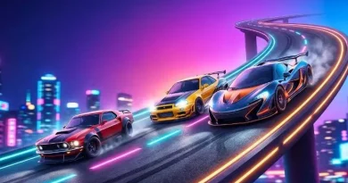 Três carros esportivos estilizados correndo em uma pista futurista iluminada por neon durante a noite.