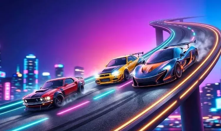 Três carros esportivos estilizados correndo em uma pista futurista iluminada por neon durante a noite.
