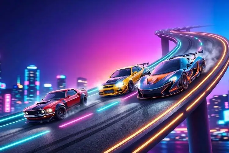 Três carros esportivos estilizados correndo em uma pista futurista iluminada por neon durante a noite.