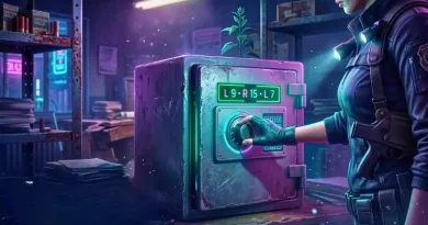 Personagem feminina em traje tático abrindo um cofre iluminado por neon em ambiente escuro.