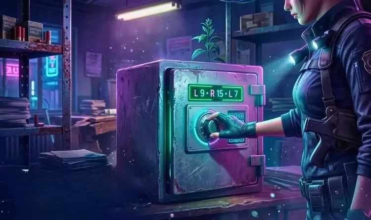 Personagem feminina em traje tático abrindo um cofre iluminado por neon em ambiente escuro.